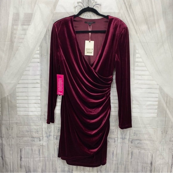 Alex Marie Long Sleeve Solid Mahogany Red Velvet Ruched Faux Wrap Dress V Neck - Picture 9 of 12